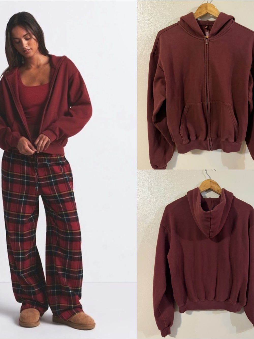 Skims | Cotton Fleece Classic Zip Up Hoodie in Merlot | Large